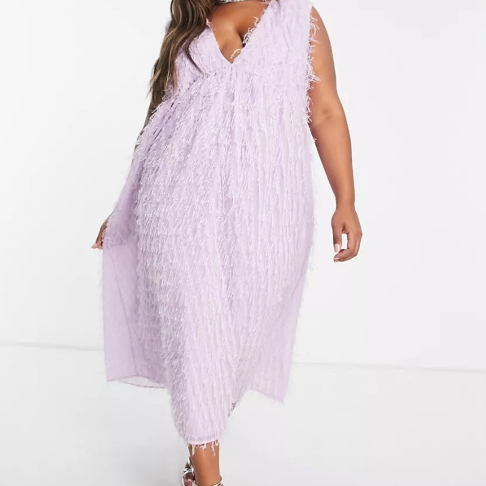 ASOS DESIGN Curve fluffy shoulder pad v neck tiered midi dress in lavender